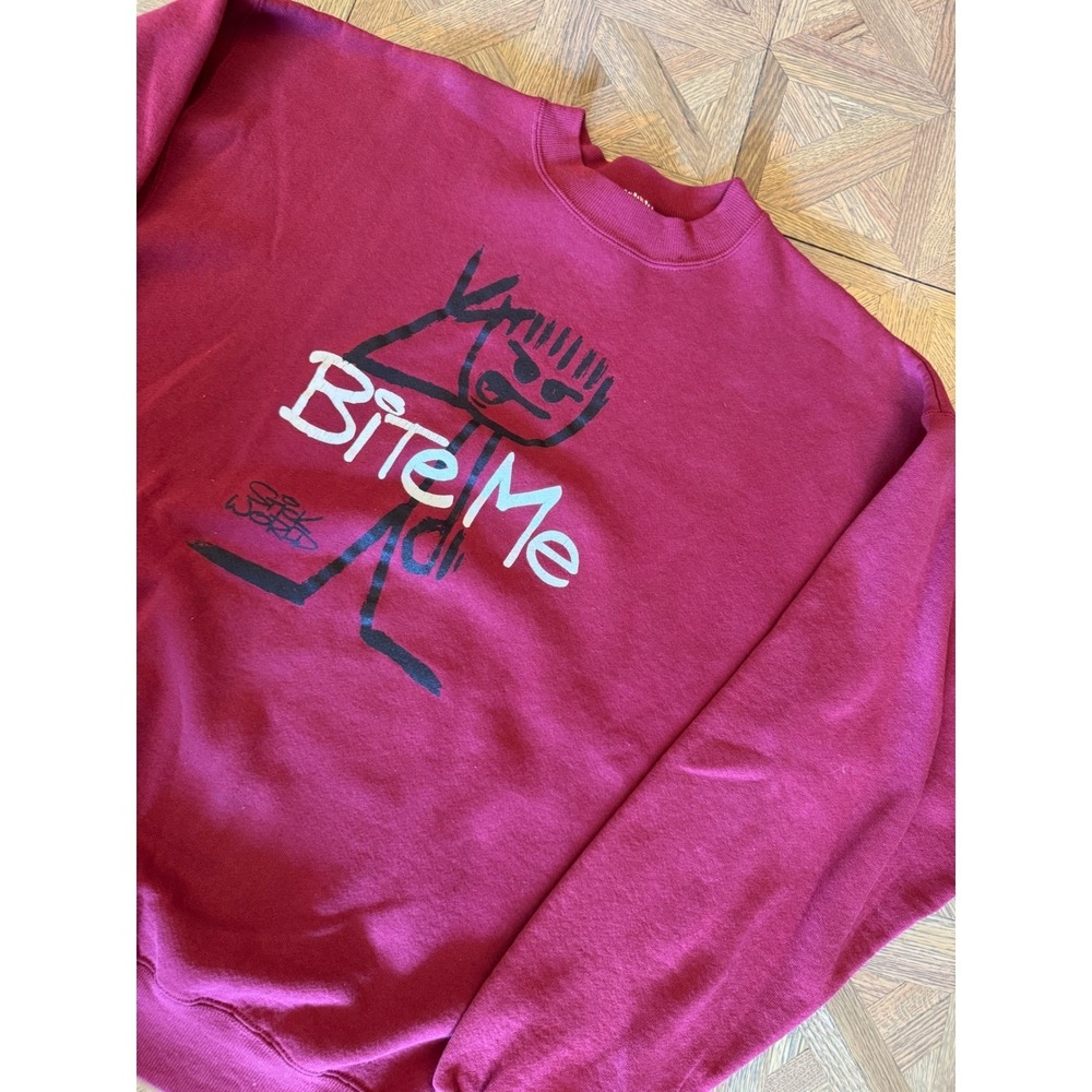 Vintage Hanes Stick World Bite Me Sweatshirt Mens XL Maroon Red 90s Graphic 10